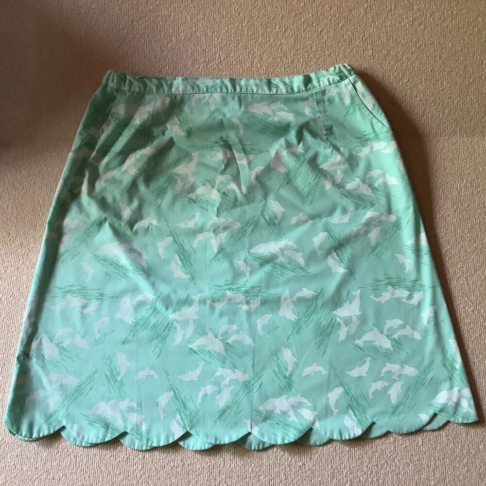 Vintage 60s 70s Handprint Florida Tampa Green Lined Dolphin Print Skirt 16